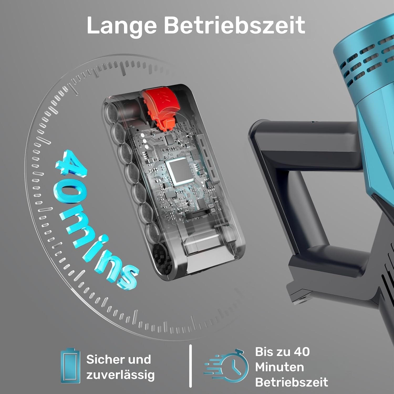 Ultra-starker Akku-Staubsauger mit automatischer Stauberkennung/Bis zu 40 Minuten Laufzeit/Beutelloser Staubsauger für Teppiche, Hartböden & Tierhaare Blau -550W