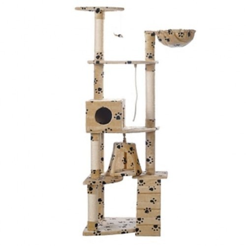 Arranhador bege para gatos com pegadas de patas.