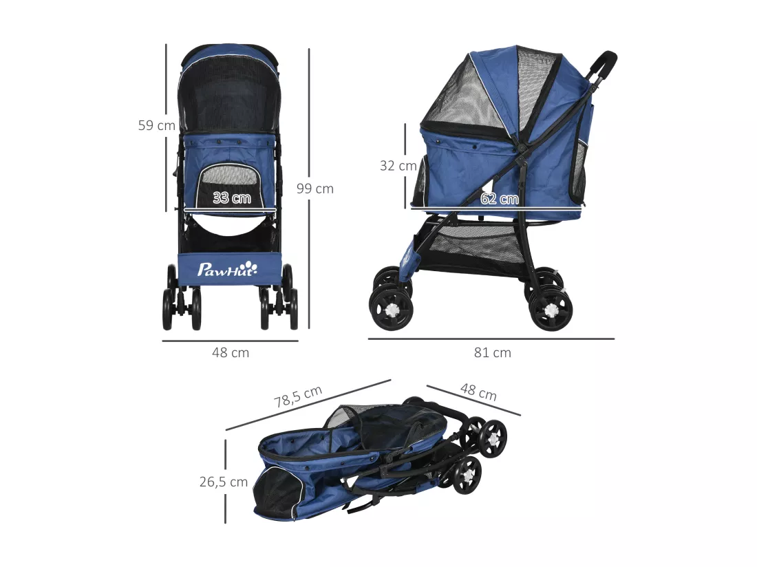 Poussette pliable pour chien chat - 4 roues doubles, 2 freins, attache, coussin inclus - acier Oxford bleu