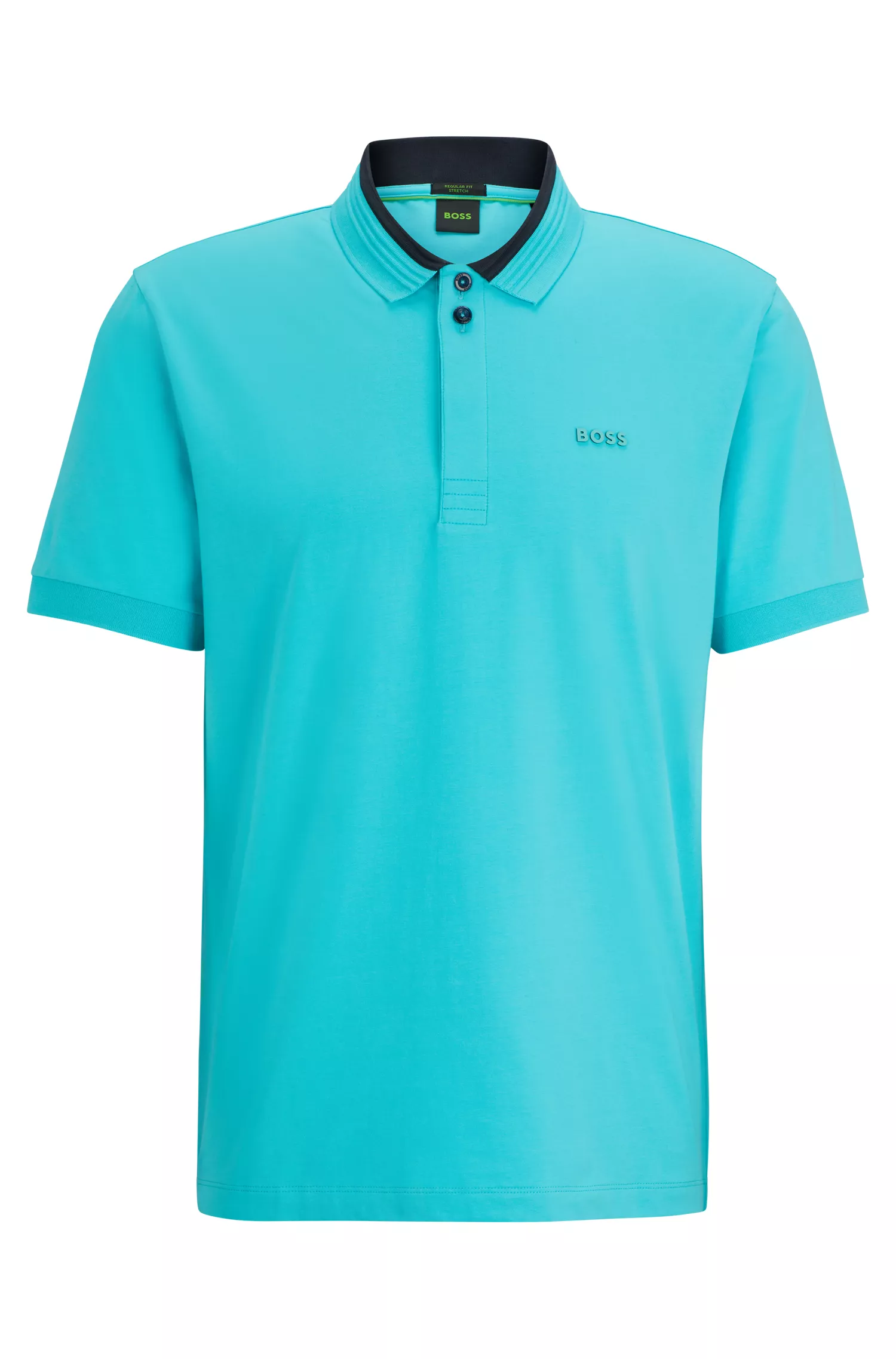 Camisa polo BOSS verde em algodão stretch com gola listrada em 3D.