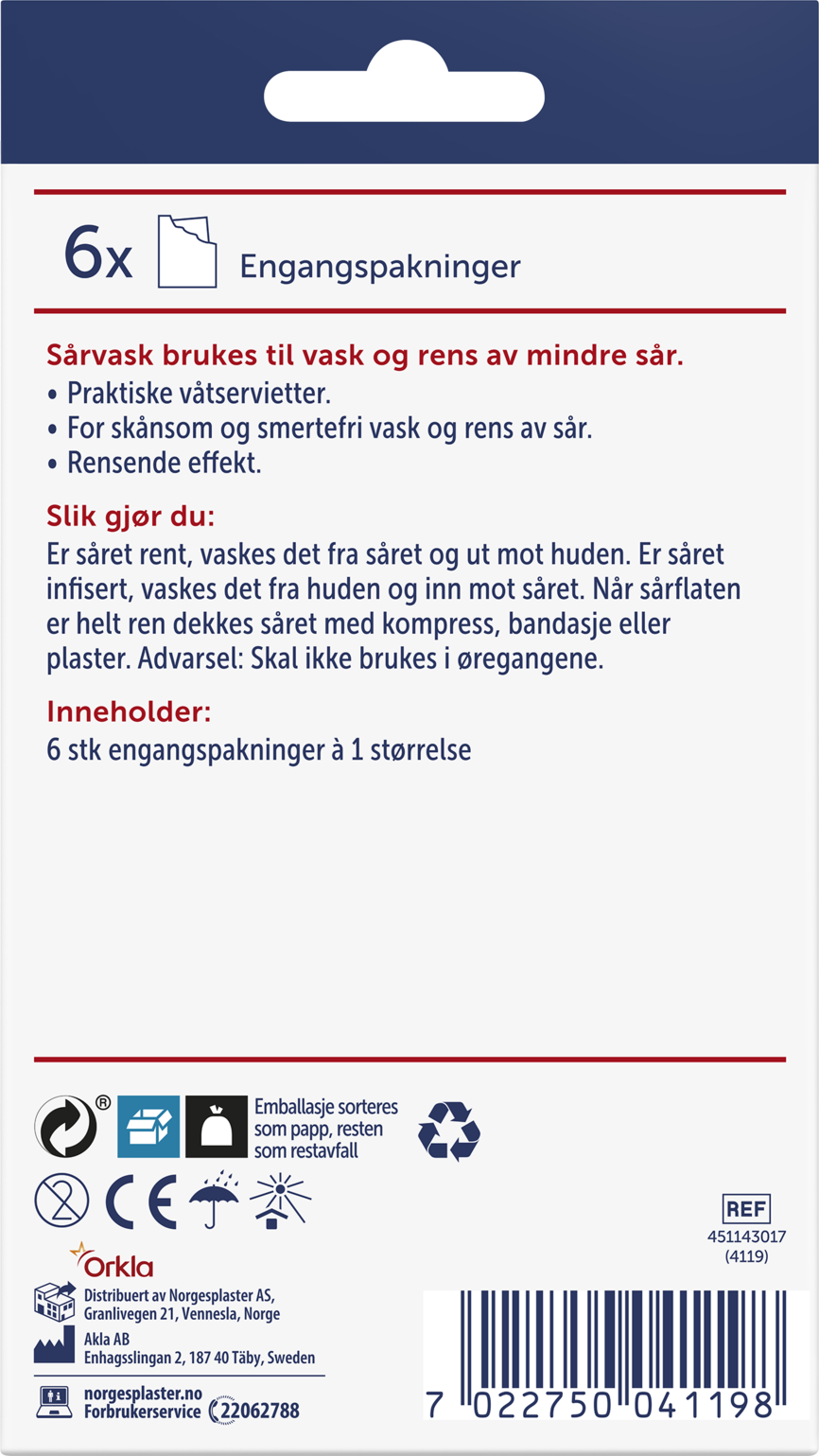 Norgesplaster sårvask våtservietter 6 stk