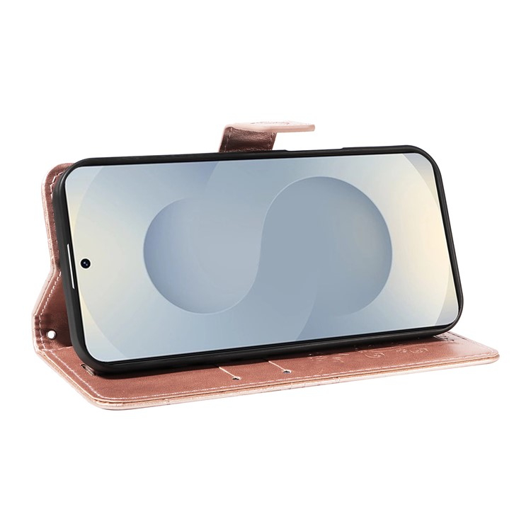 Samsung Galaxy S25 Edge Leder Tasche mit Kartenfach   Handschlaufe Schmetterling - Roségold