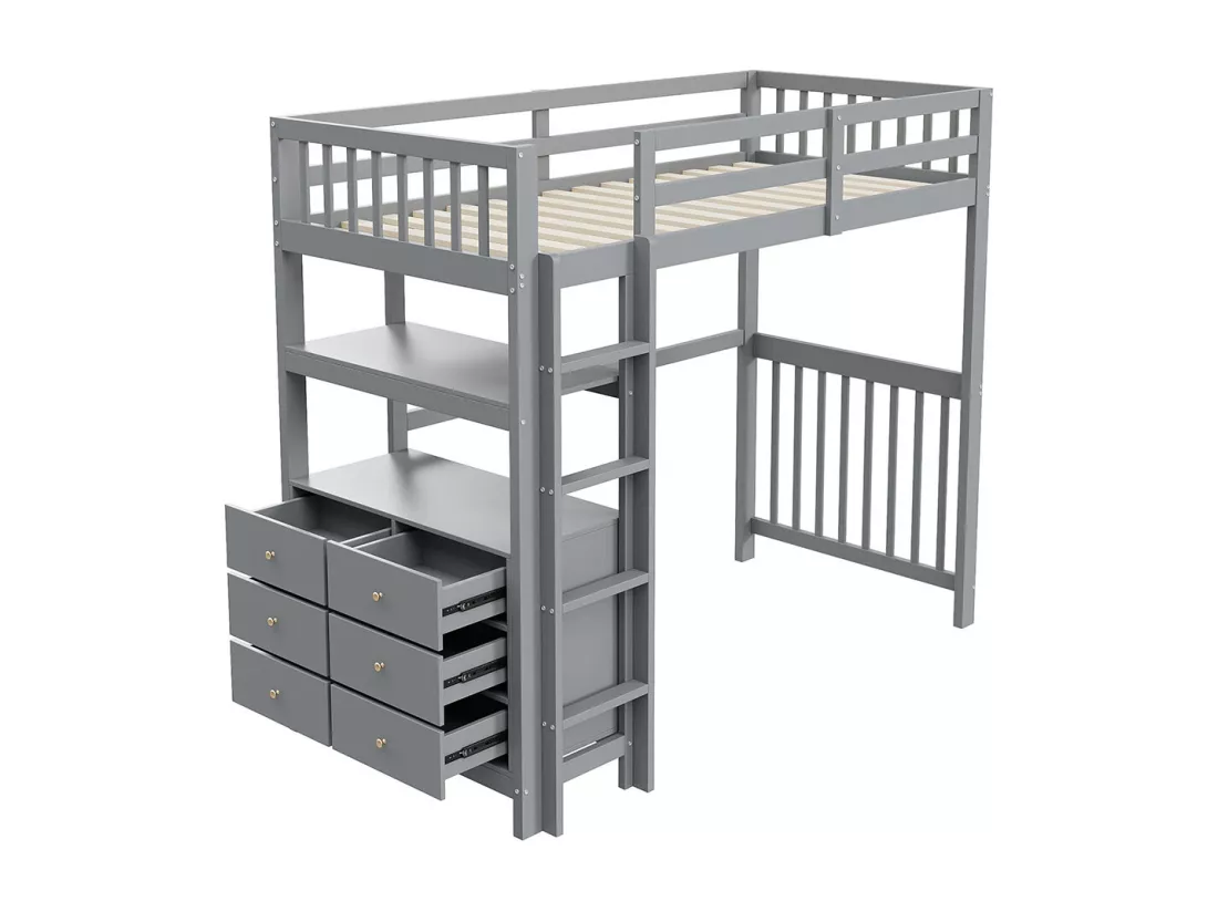 Lit mezzanine 90×200 échelle de sécurité verticale tiroirs et étagères clôture design haute sommier à lattes lit simple en pin gris