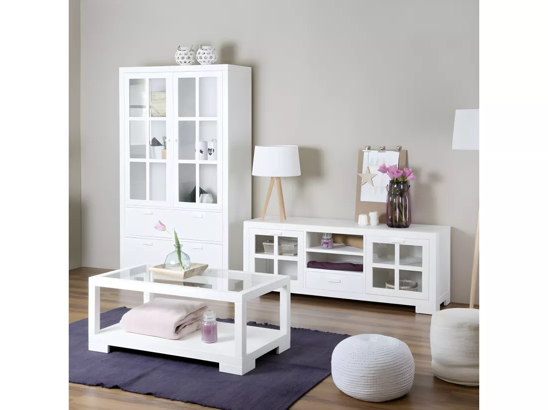 Meuble tv en bois massif blanc 160x60
