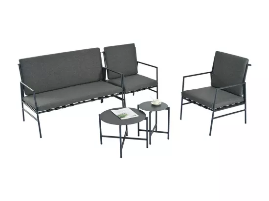 Salon de Jardin en Acier galvanisé noir - 4 places - canapé，2 fauteuils et 2 tables basses - Gris