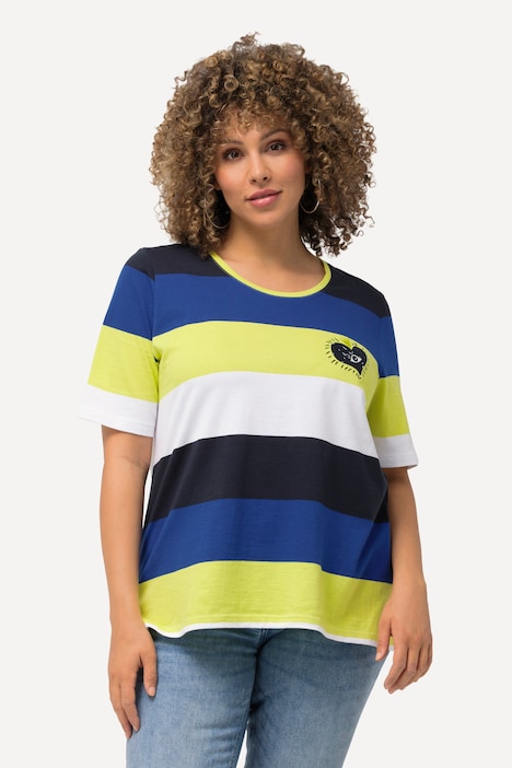 T-Shirt, Ringel, Stickerei, Rundhals, Halbarm