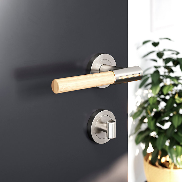 Ensemble poignée sur rosace rond à visser GoodHome Hezo effet nickel satin chromé Ø50mm