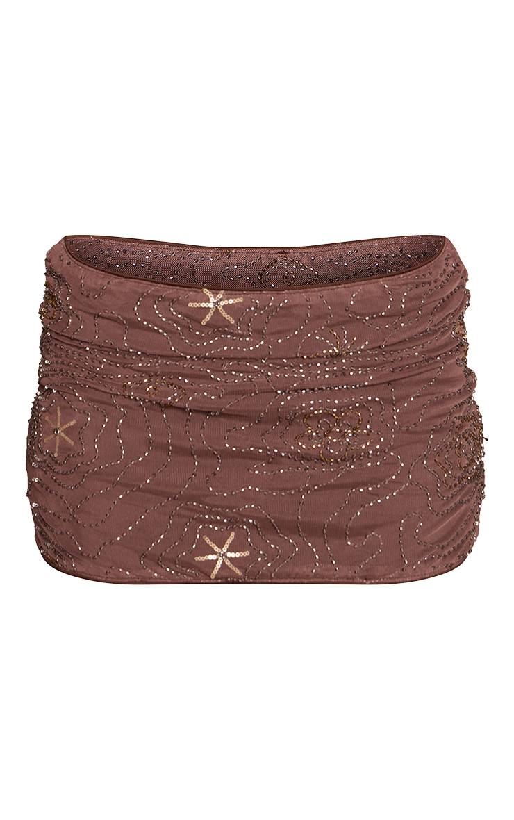 Marron Ensemble Jupe Mini En Mesh Perlée