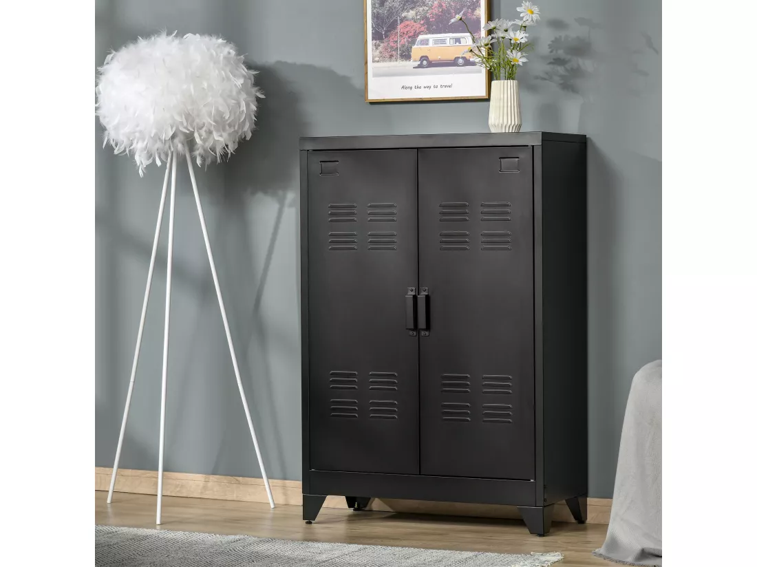 Armoire de rangement métal design industriel - 2 étagères - structure piètement tôle métal noir