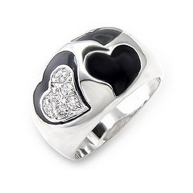 Bague femme coeur taille 60 cz cristal et résine noire en acier wi46