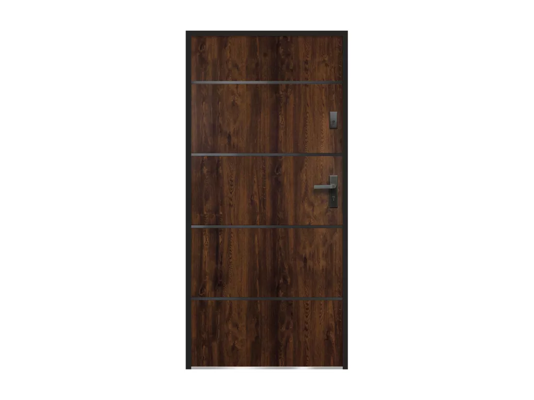 Porte d'entrée en acier pleine et inox H207 x L100 cm naturel foncé - poussant gauche - NAXARA