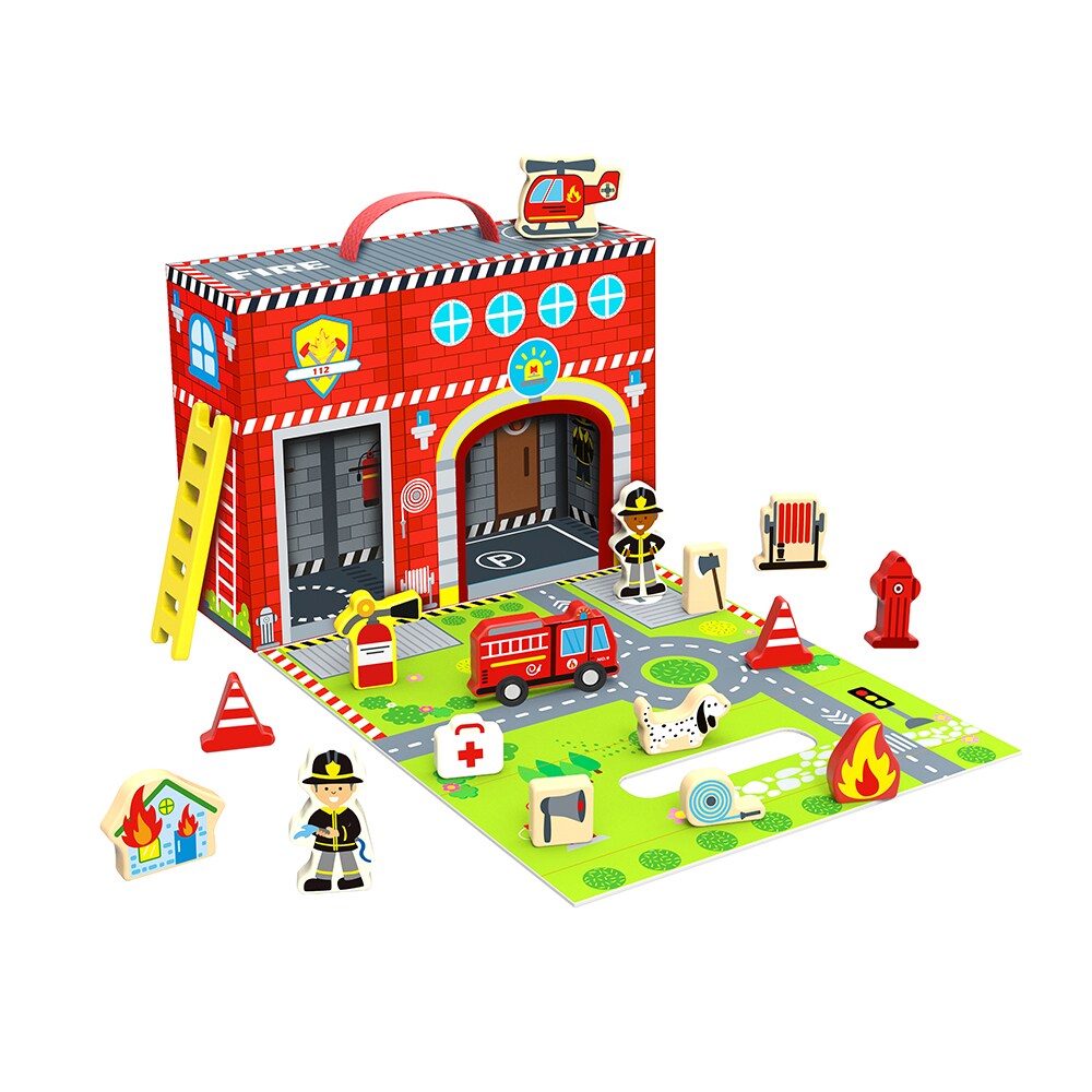 Tooky Toy Holzspielzeug tragbare Feuerwache TY203, Parkfläche Landeplatz Zubehör rot