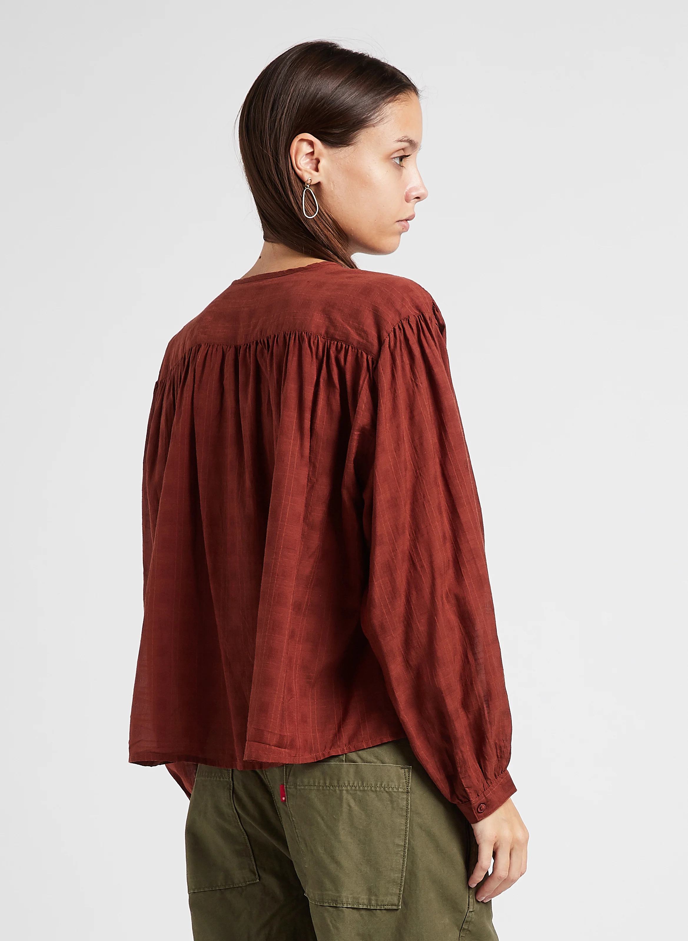 ELINA - Blouse évasée col rond en coton mélangé | Marron