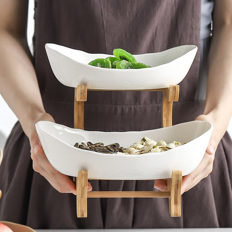 2 Etagen Keramik Etagere Tisch Deko Bambus Ständer Servierständer für Früchte / Nüsse / Süssigkeiten - Weiss