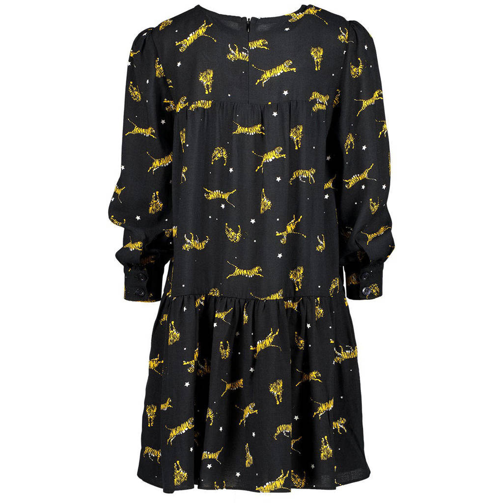 Vingino jurk Phillis met all over print en volant zwart/bruin