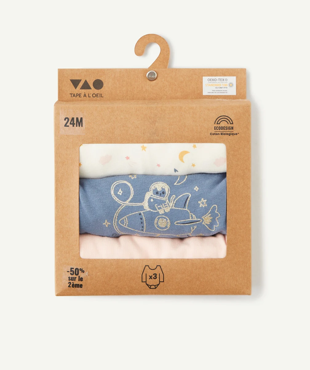 LOT DE 3 BODIES EN COTON BIOLOGIQUE BLEU ÉCRU ET ROSE