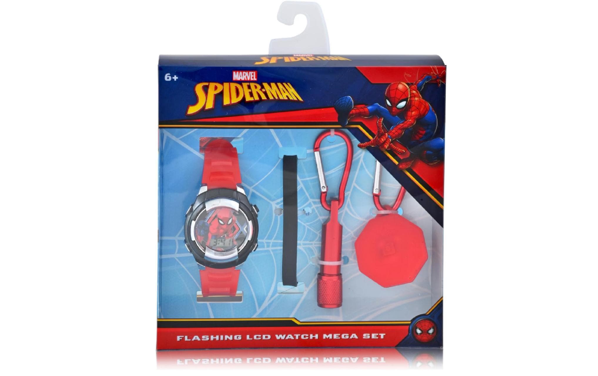 LCD Uhr Geschenkset Spiderman Rot/SchwarzLeuchtende Kinderuhr mit digitaler Anzeige
