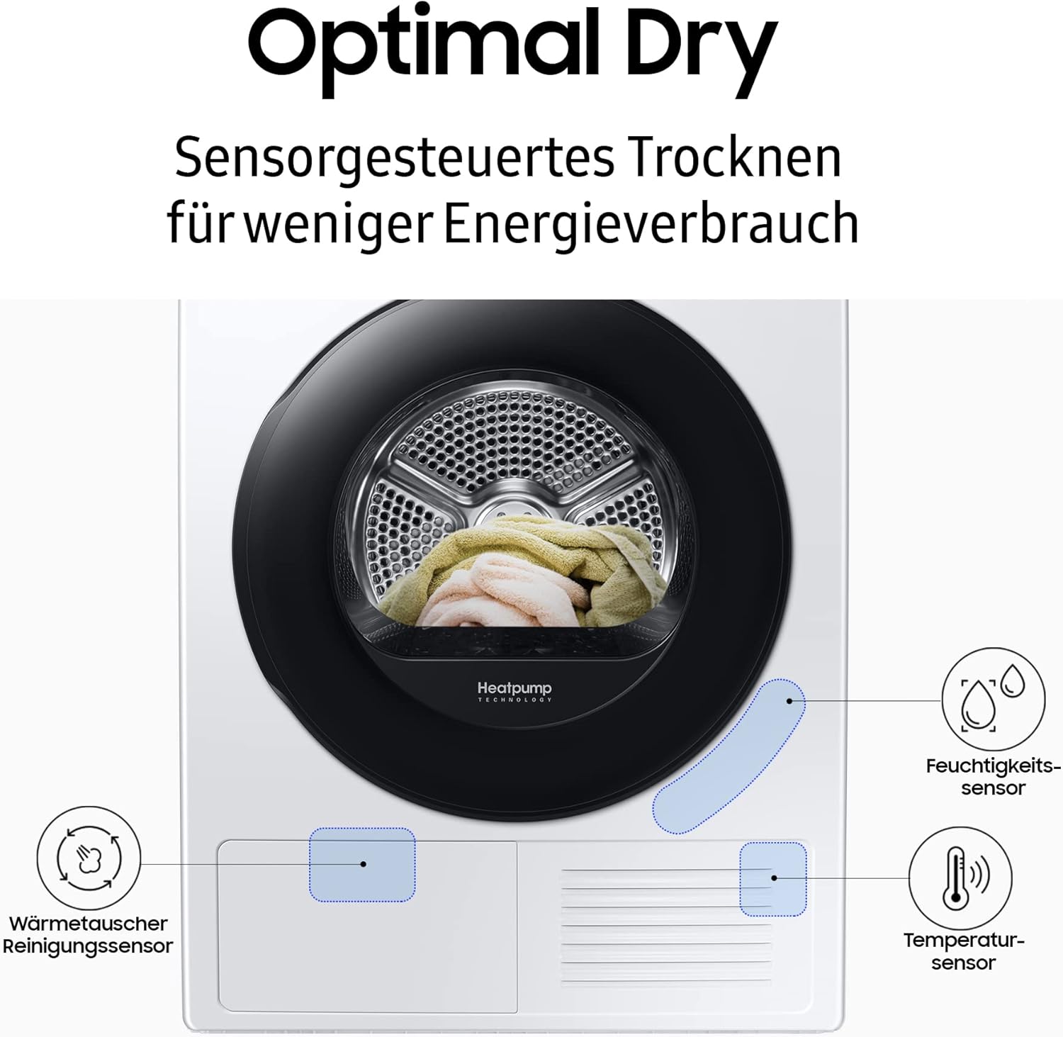 Samsung DV9EBBA245AEEG Bespoke Wärmepumpentrockner, 9 kg, Hygiene+, Optimal Dry, 2-in-1 Komfortfilter, Super Kurz 35', Weiß