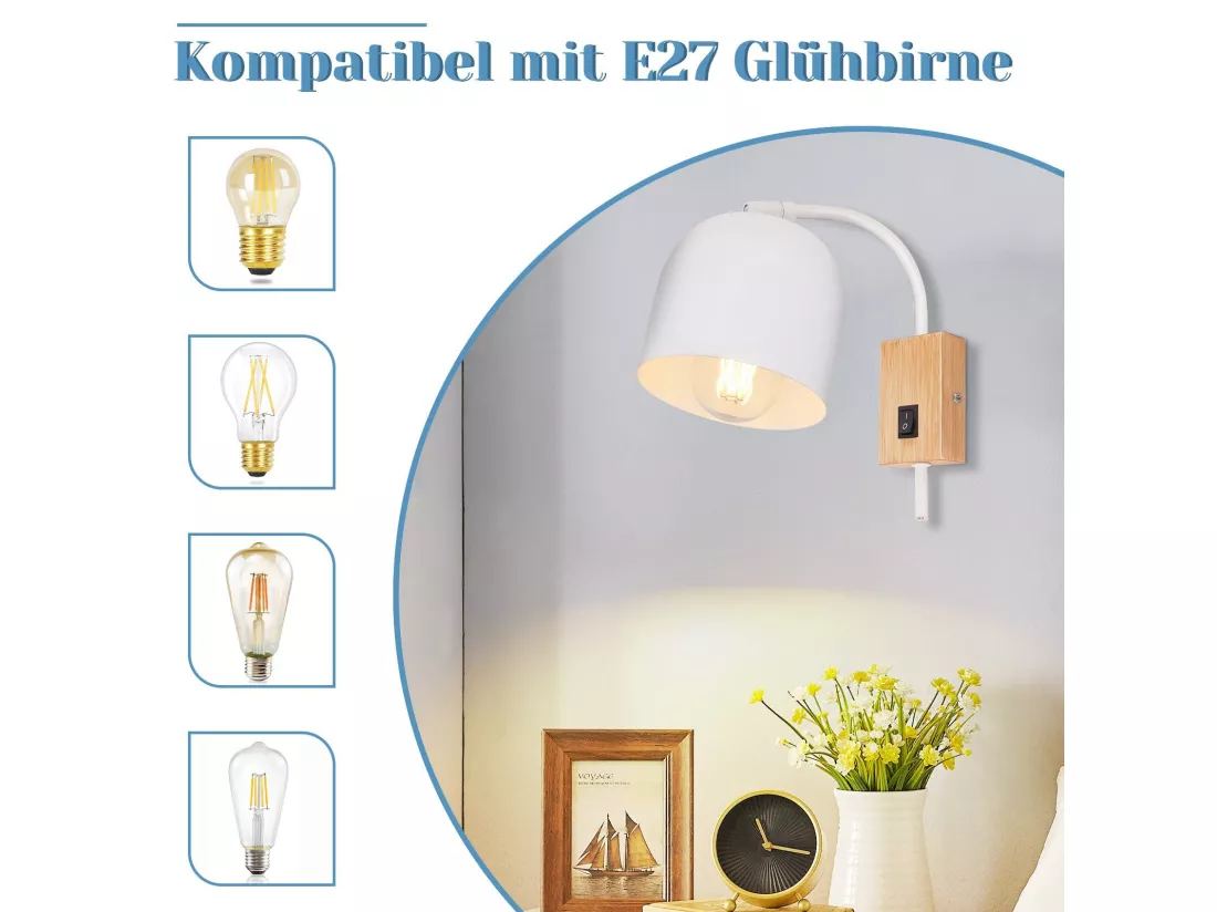 NETTLIFE Applique murale en bois avec interrupteur - Spot mural 1 flamme E27 Blanc Lampe de couloir 330° ,Sans ampoule