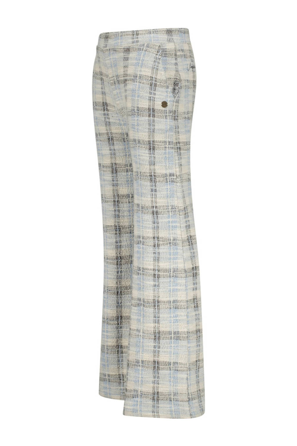 Vingino geruite high waist flared broek Sannie beige/lichtblauw/zwart