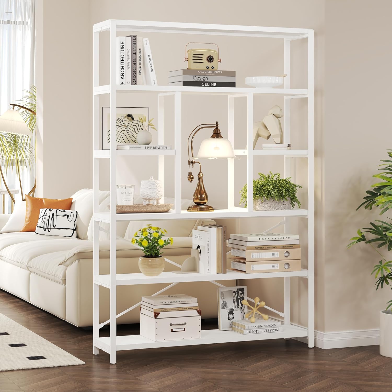 LVB Bücherregal Regal mit 6 Ebenen Wohnzimmer Standregal Holz Metall Bücherregal freistehend Dekoregal Modernes Design für Wohnzimmer Schlafzimmer Büro Weiß 30 x 120 x 180 cm