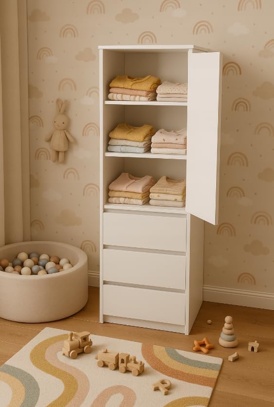 BDW - Kleiderschrank mit Schubladen - Schrank mit 3 Schubladen, Regalen - Garderobenschrank 50 cm breit, 180.5 cm hoch, 40 cm tief - Schlafzimmer, Kinderzimmer, Wäscheschrank - Weiß