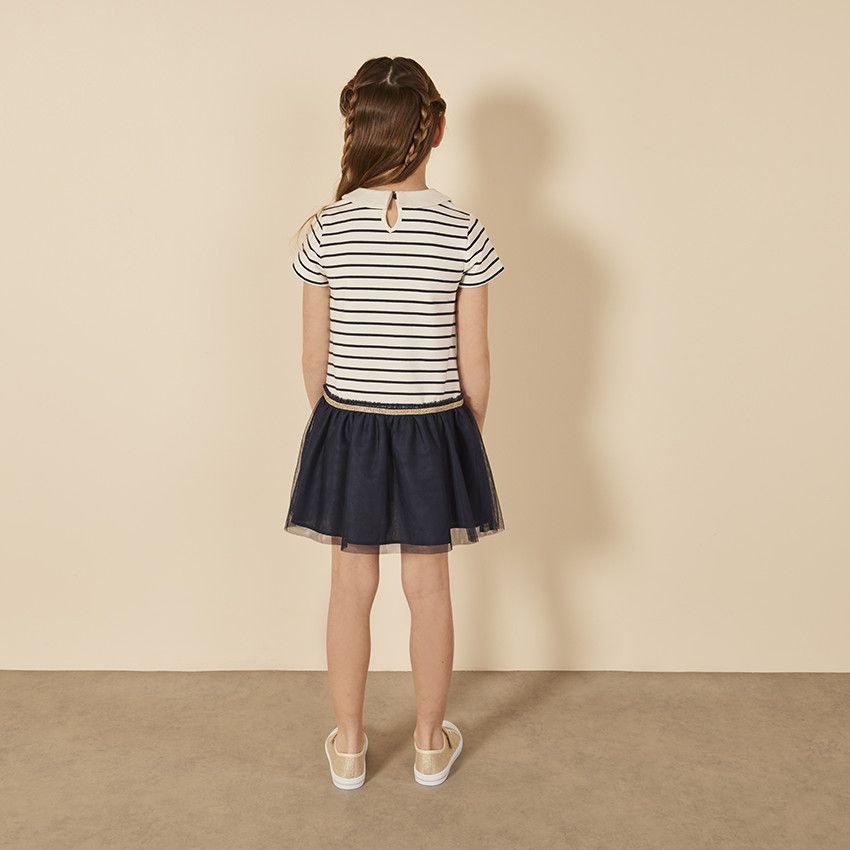 Robe manches courtes bi-matière effet 2 en 1 rayée pour fille - Bleu marine