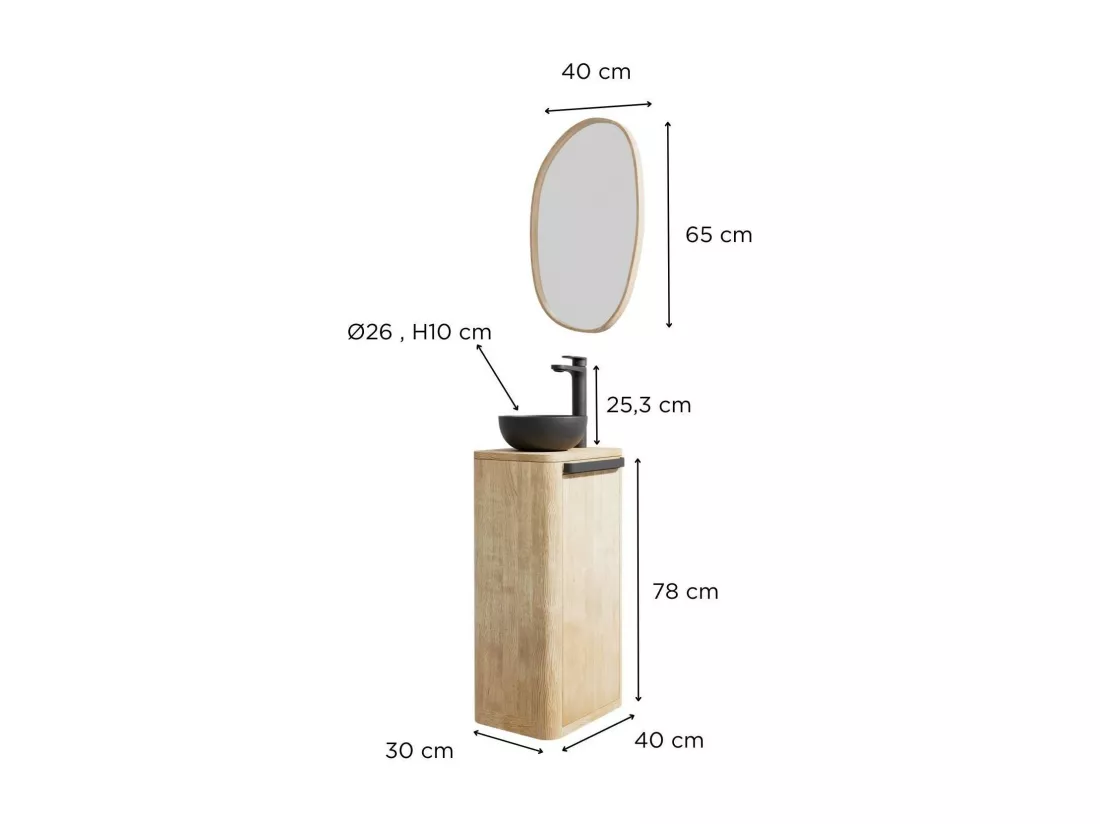 Ensemble meuble lave-mains TOM + vasque MAUD + robinet ROB + miroir OAKY