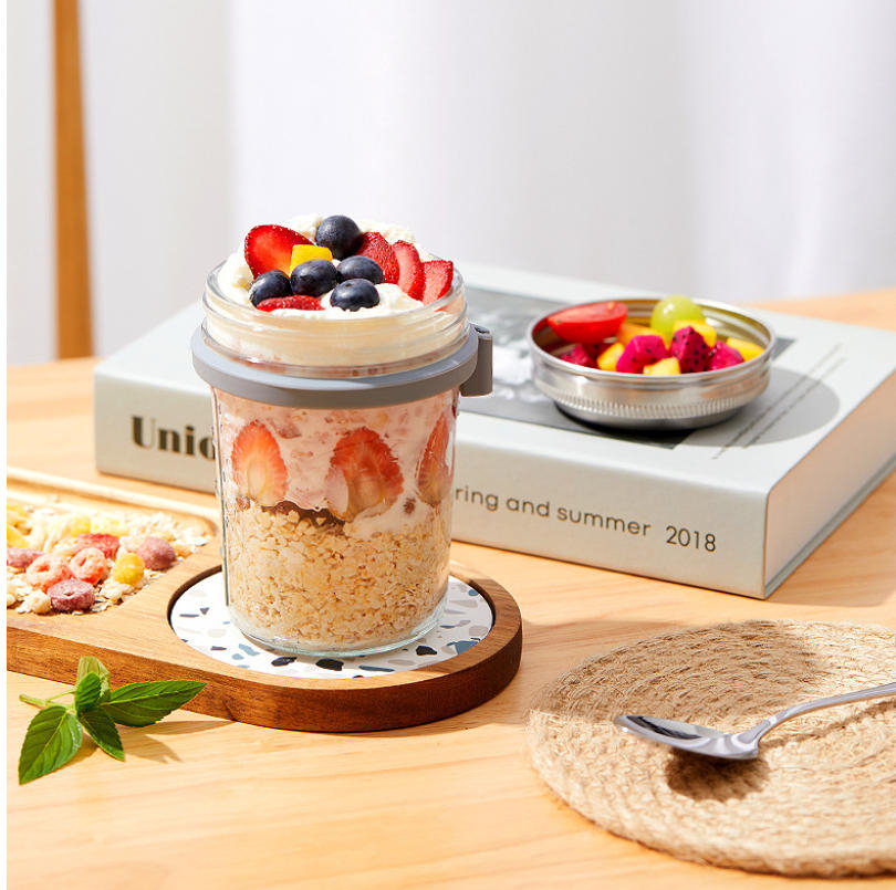 (2er Set) 350ml Frühstücks Glas Essens Behälter Lunch Pot inkl. Löffel für Müsli / Joghurt / Porridge