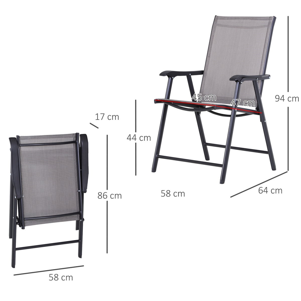 Outsunny Vouwstoel met Armleuningen, Set van 2 Kampeerstoelen, 58 x 64 x 94 cm, Metaal, Grijs