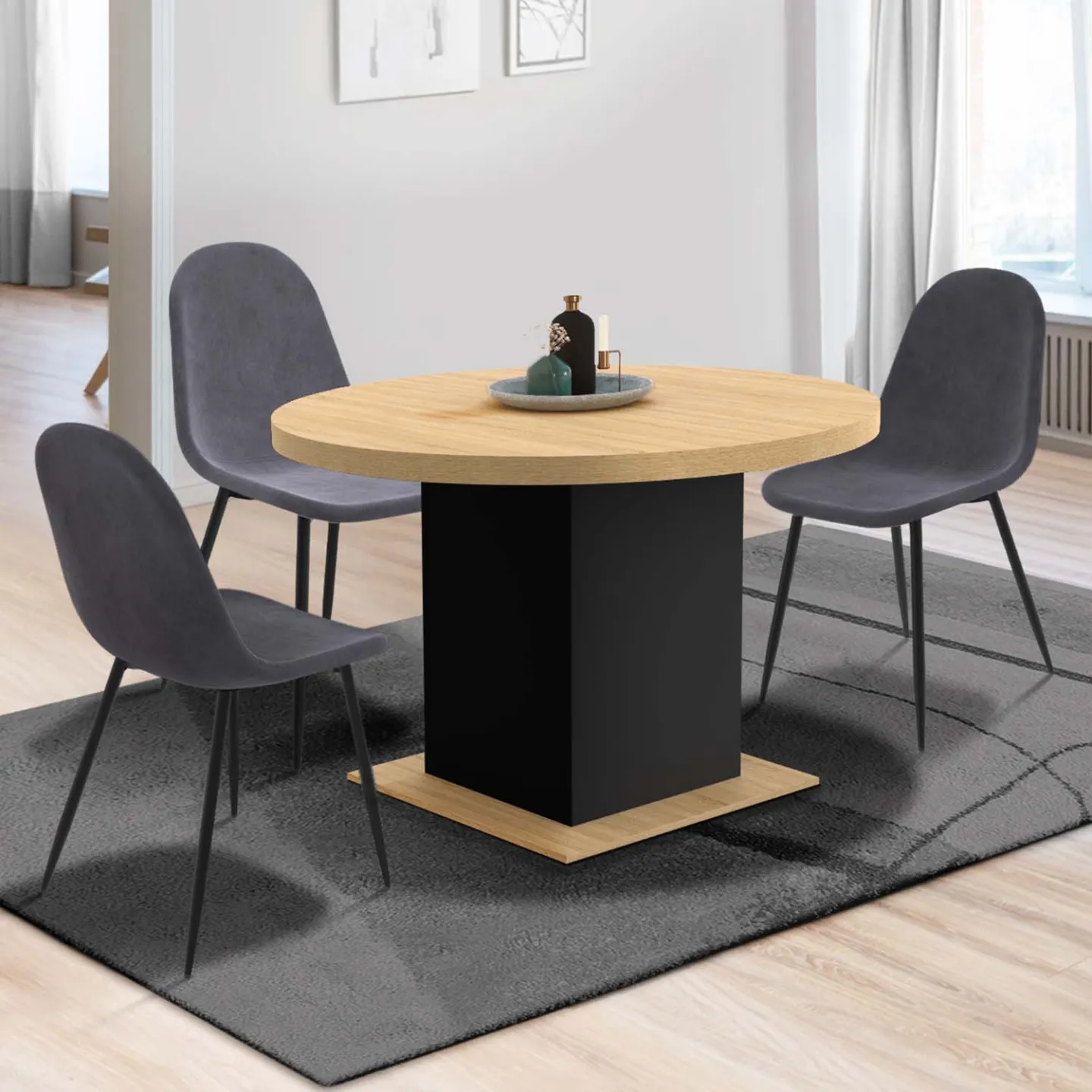 Table à manger extensible ronde EDEN 4-8 personnes bois et noir 120-160 cm