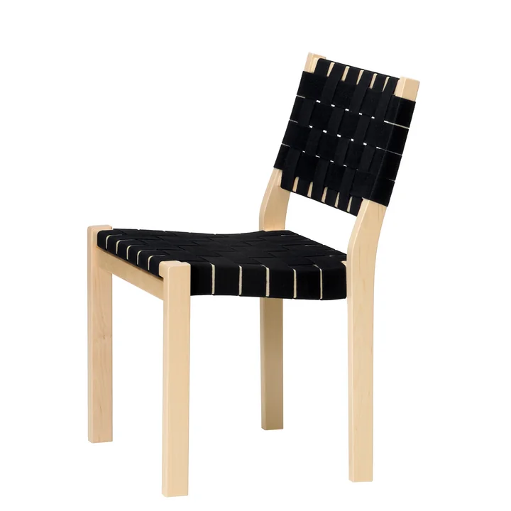 Artek - Stuhl 611, Birke klar lackiert / Leinengurte natur-schwarz gemustert