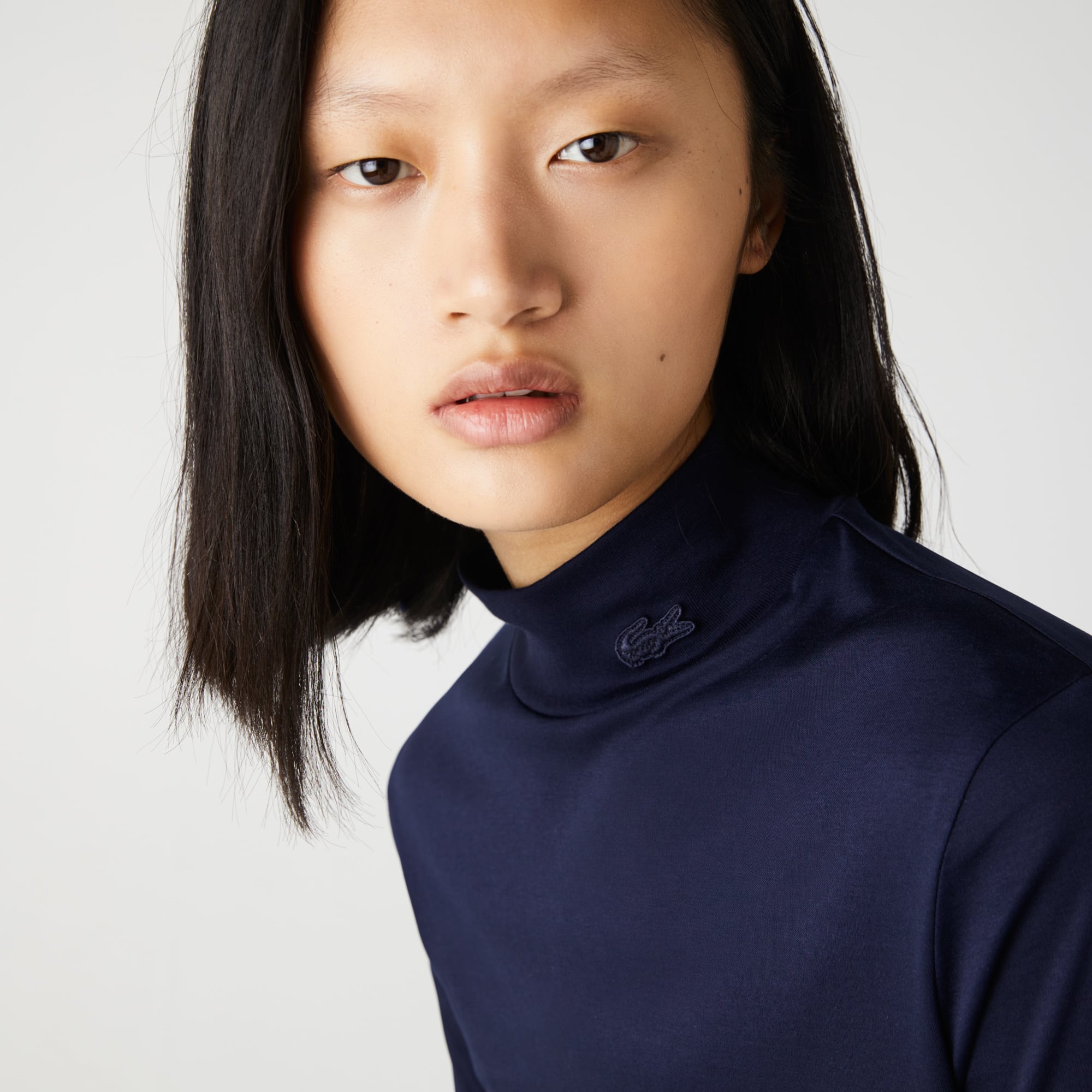 Col roulé à manches longues en coton uni T-Shirts - Bleu - Lacoste - Femme
