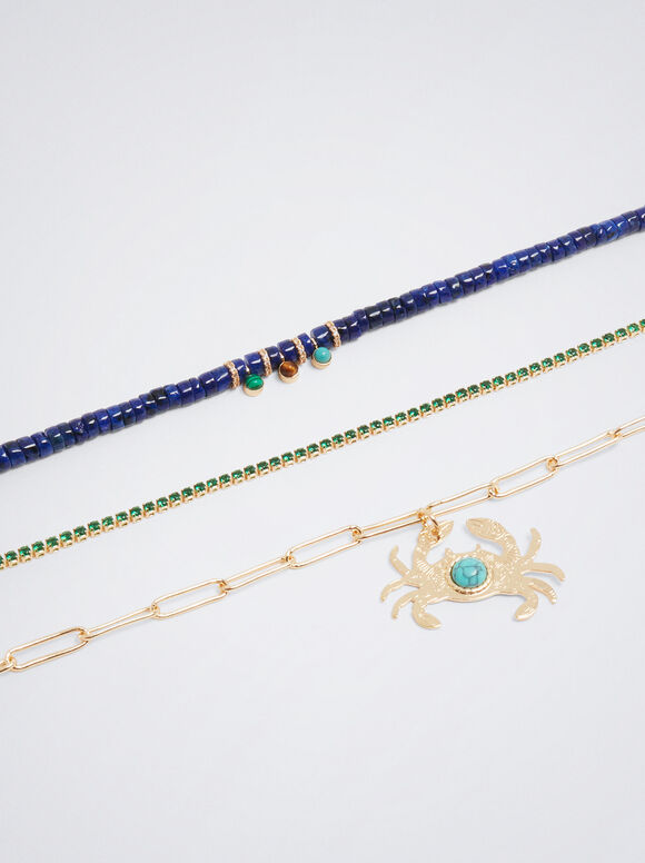Conjunto de colar com pedra e pingente - Multicor