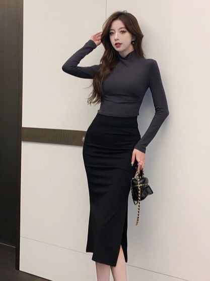 Aurora - Set: Lange mouwen coltrui effen slim fit crop T-shirt + hoge taille split midi kokerrok