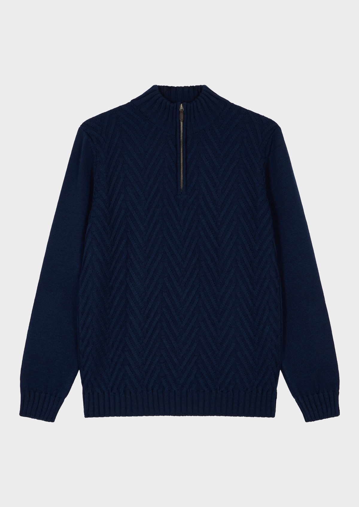 Pull col zippé en laine Mérinos mélangée unie bleu indigo