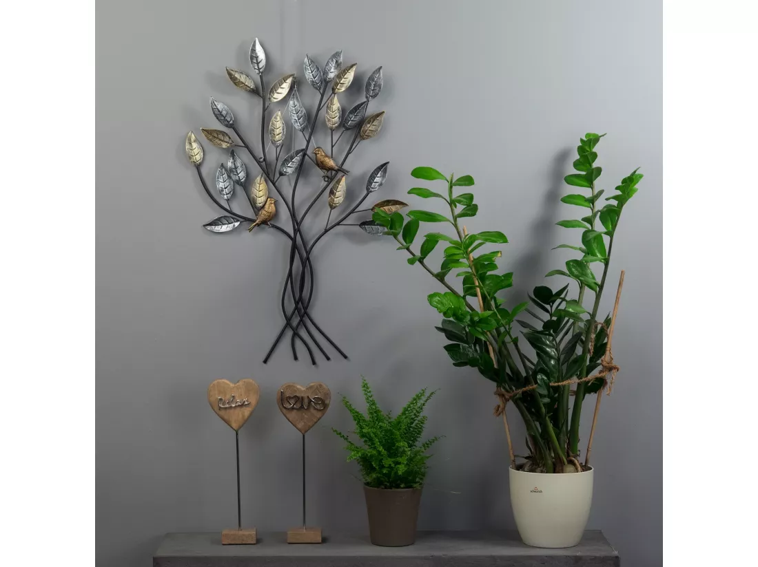 DÉCORATION MURALE Arbre avec des oiseaux 76x50 cm, métal argent-or
