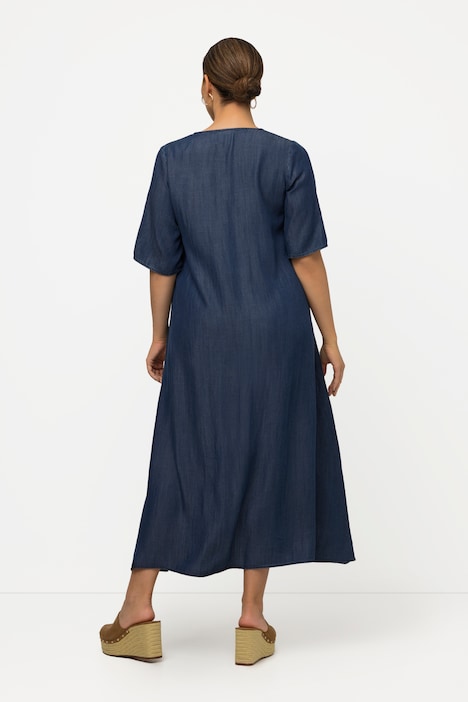 Lyocell-Kleid, Stickerei, A-Linie, Rundhals, Halbarm