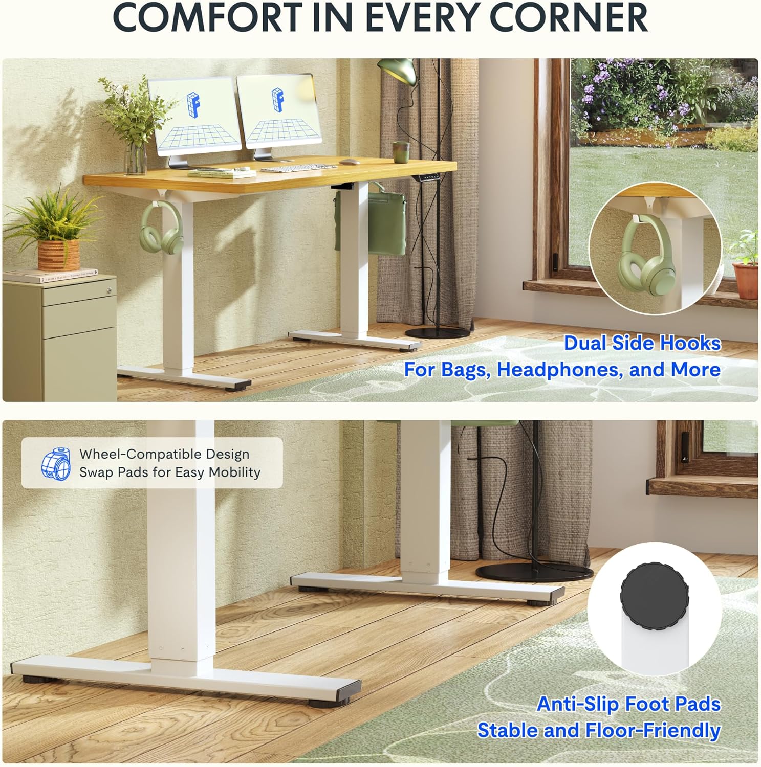 FLEXISPOT Höhenverstellbarer Schreibtisch 140×80cm, mit Haken und 25mm EINTEILIGER Tischplatte, ergonomischer Schreibtisch mit LED-Höhenanzeige und Memory-Funktion (Weiß, Weiß)