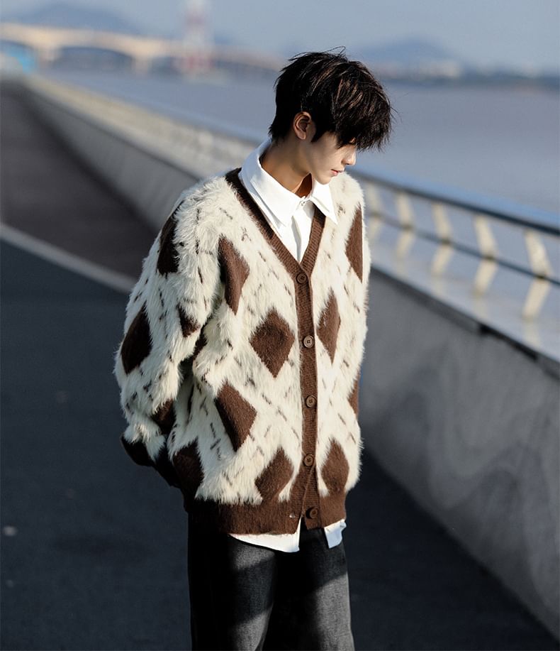 jaywoon - Argyle V-hals oversized pluizige cardigan
