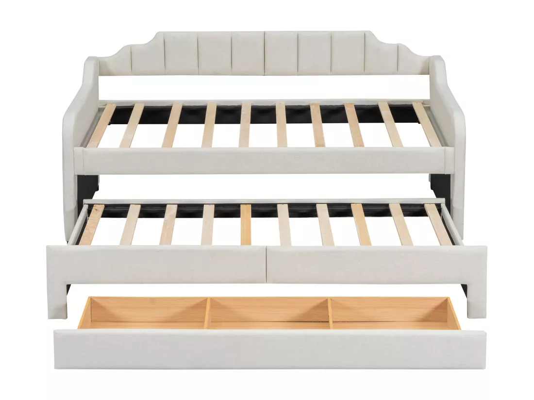 Lit gigogne 90 x 200 cm + 90 x 190 cm avec 3 tiroirs, lit de repos - tissu en cotton lin - coloris beige