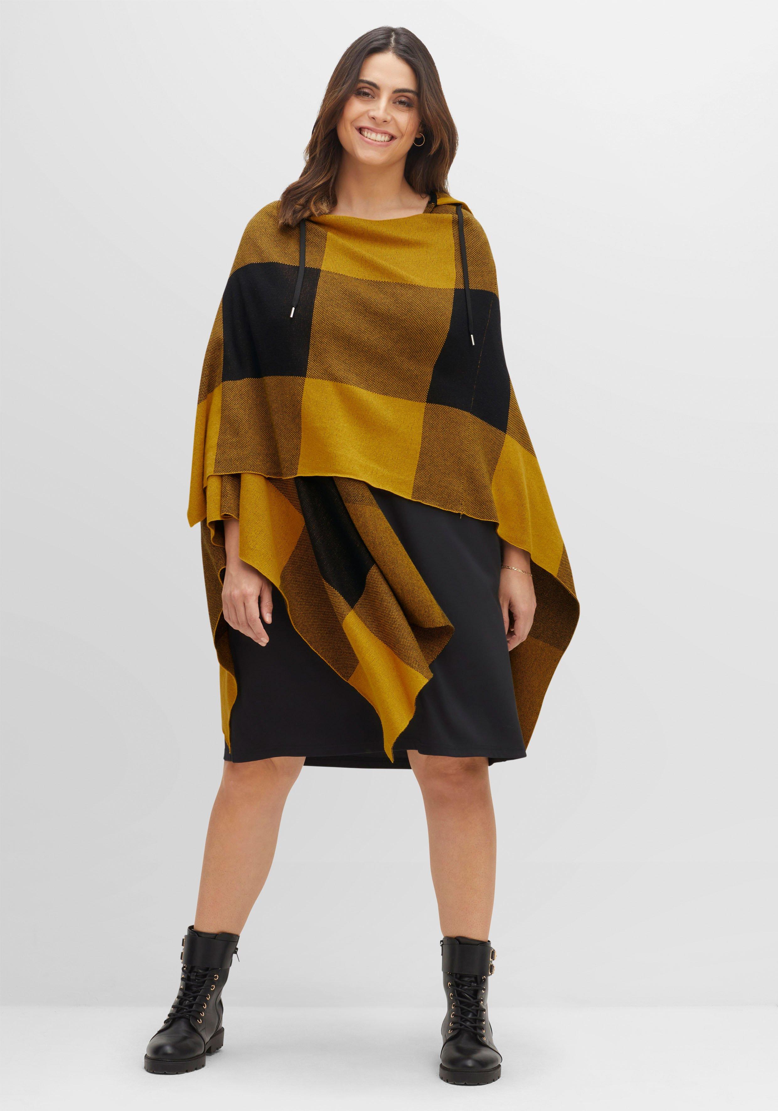 Kariertes Strickcape mit Kapuze und Tunnelzug