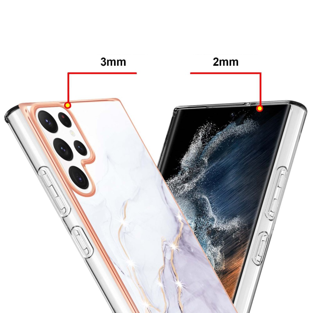 Samsung Galaxy S23 Ultra 5G Gummi Case Hülle Galvanisierter Rahmen Marble Marmor Design - Lila / Roségold