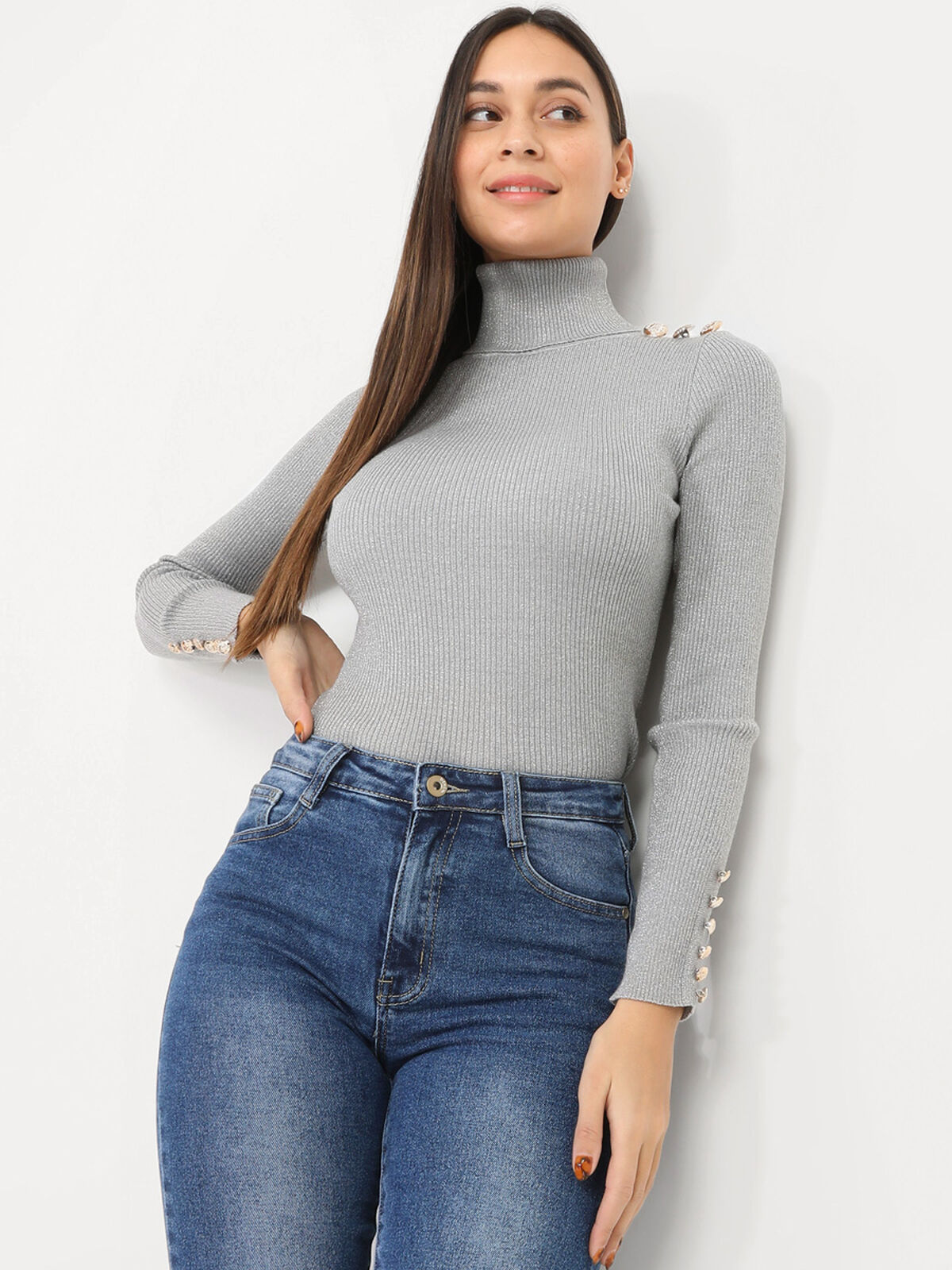 Pull pailleté à col roulé et boutons- Gris
