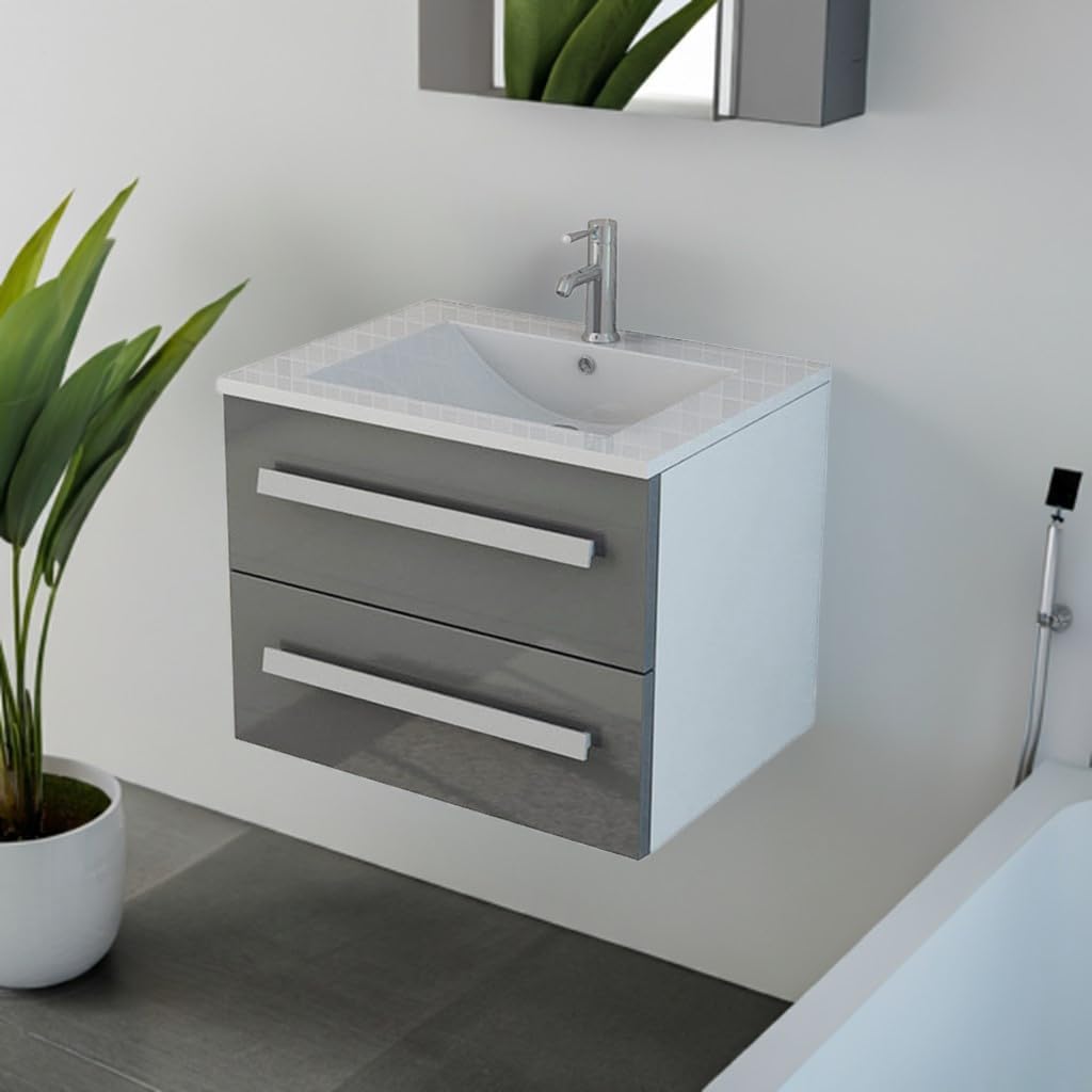 Jet-Line® | Badset Arosa II | Keramik Waschbecken | Waschtisch | Badmöbel | Soft Close | Hochglanz | Farbe grau | Badezimmer | Bad erhältlich | 59 cm breit