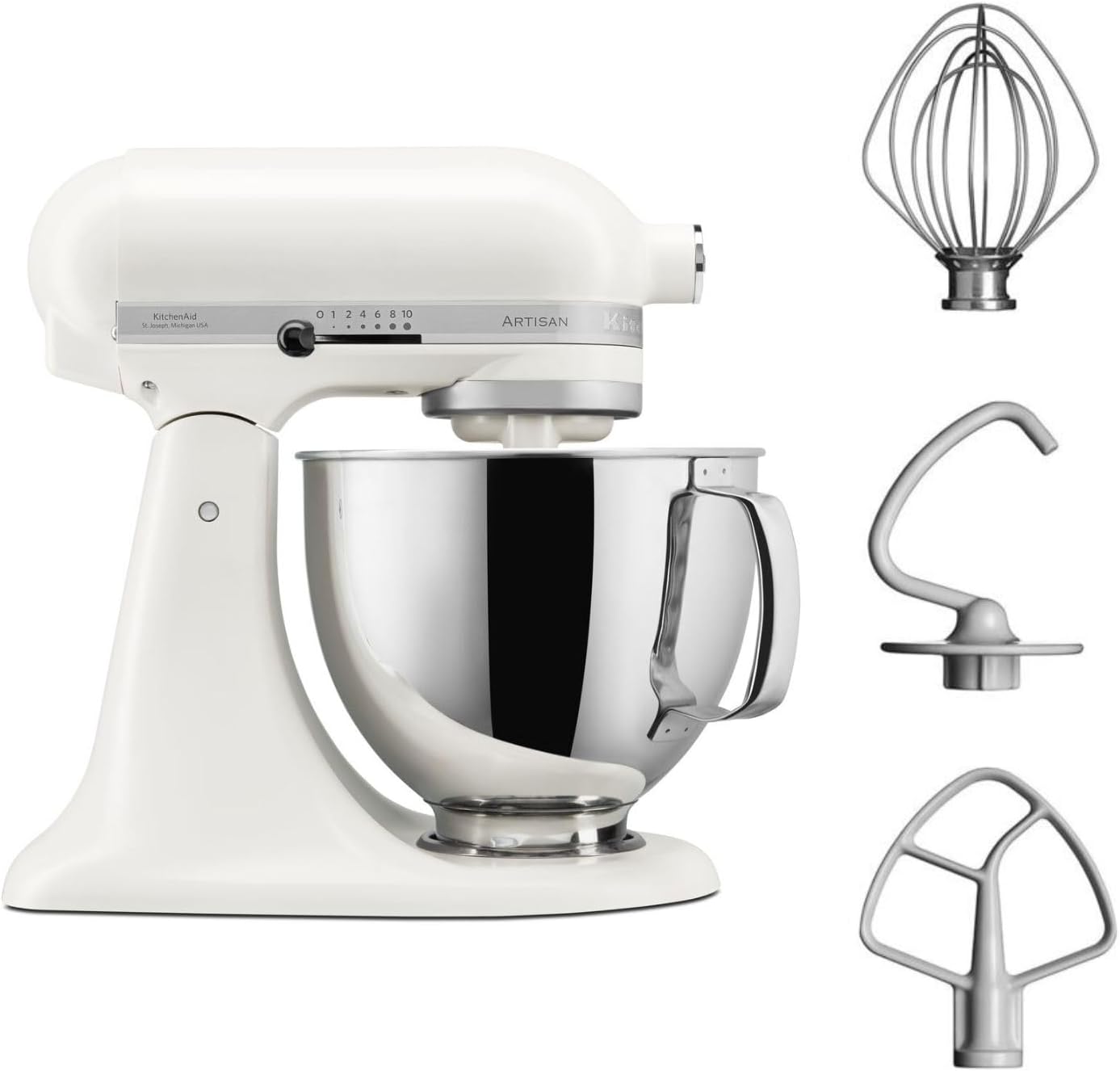 KitchenAid Küchenmaschine - Artisan - Kippbarem Food Processor - Teigknetmaschine mit 3 Zubehör und Schüssel aus Edelstahl - 4.8 L - Porzellanweiß