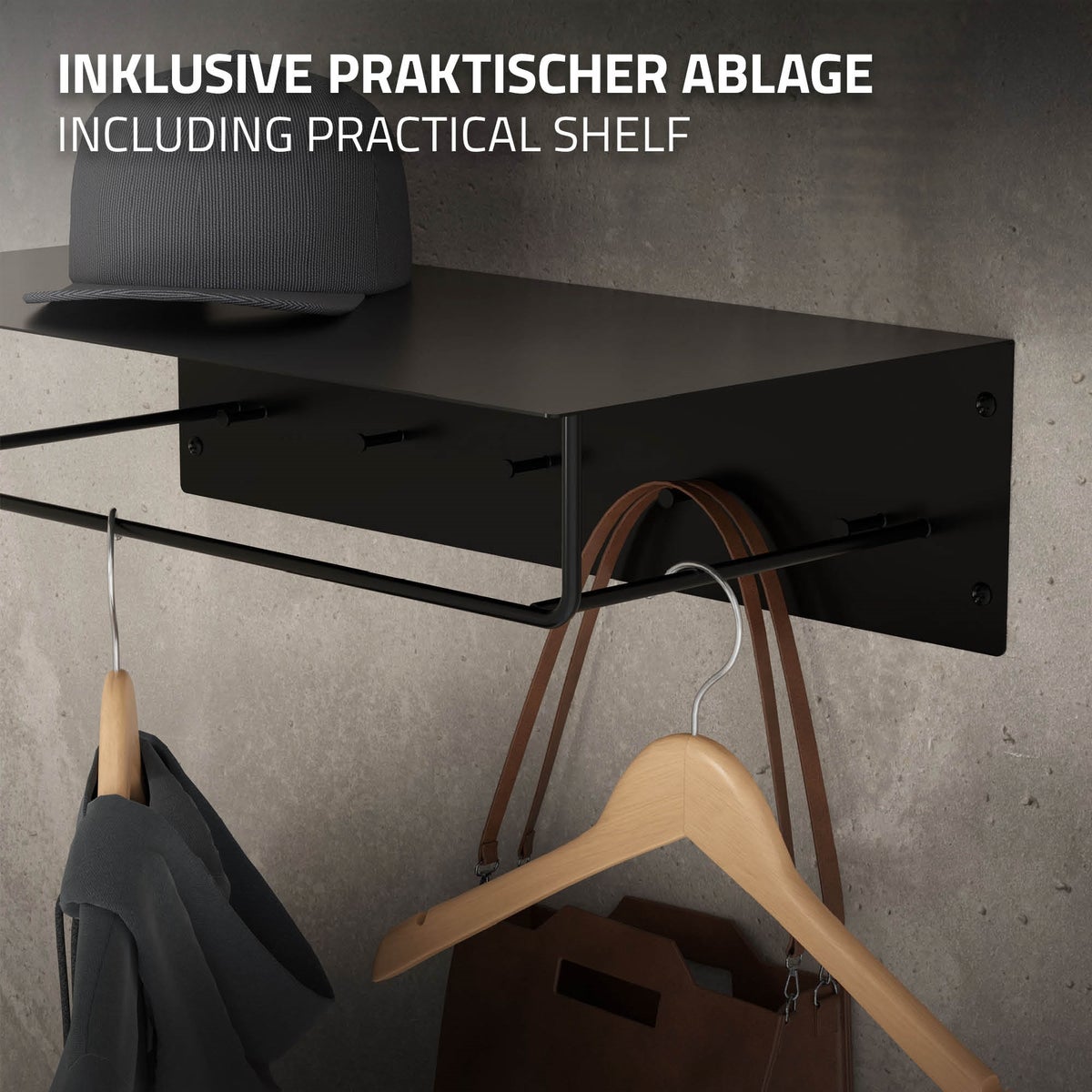 ML-Design 3-delige wandkapstokset met haken, kledingstang en hoedenplank, 60x30x15 cm, zwart, metalen halkapstok voor jassen en mantels, garderobe, wandmontage, hangend kapstokpaneel voor entree
