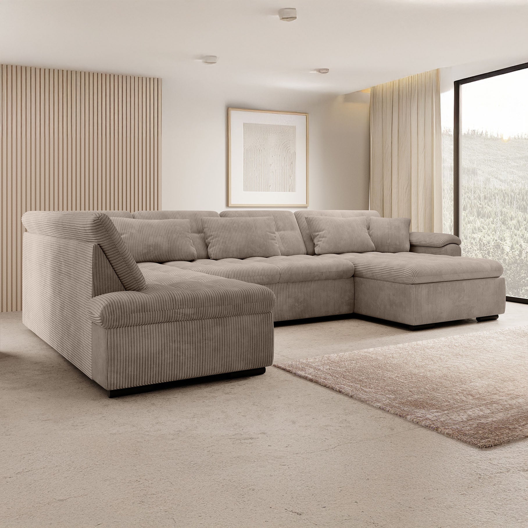 Nicoreta - Hoekbank 5-zits met chaise longue - Ribstof bruin - Rechts