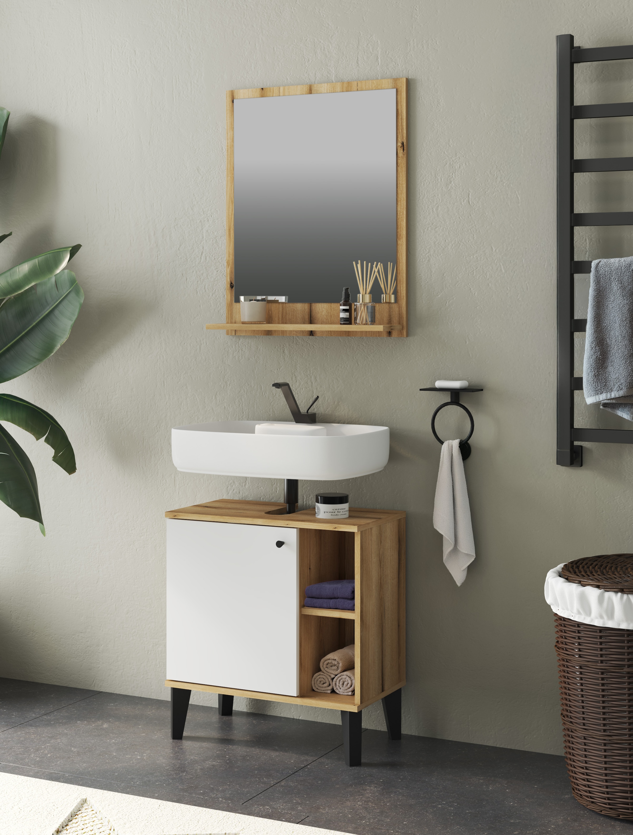 INOSIGN Waschbeckenunterschrank »Oslo, Waschtisch mit Knopfgriff, Badschrank im skandinavischen Design« in der Türfarbe Weiss oder Grau verfügbar, ausreichend Stauraum