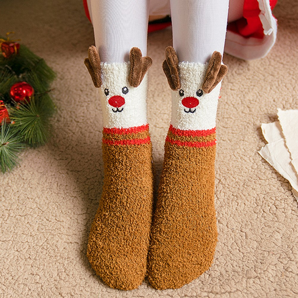(1 Paar) Weihnachts Kuschel Socken Wintersocken Christmas Füsslinge Flauschige Bettsocken (One Size) - Rentier
